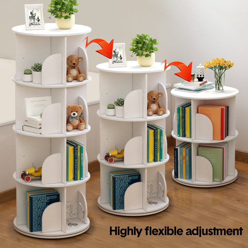 4 Tier Rotating Bookshelf PVC Freestanding Corner Rack Bookcase Multifunctional Spinning 360 Storage Shelf Organizer for Home Office Space-Saving White