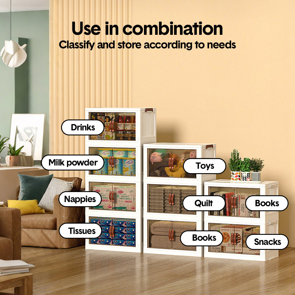 Foldable Storage Cabinet Stackable Bins Household Plastic Closet Multi-purpose Organizer Doors and Top Lid 2 Way Opening with 360 Degree Rotatable Wheels