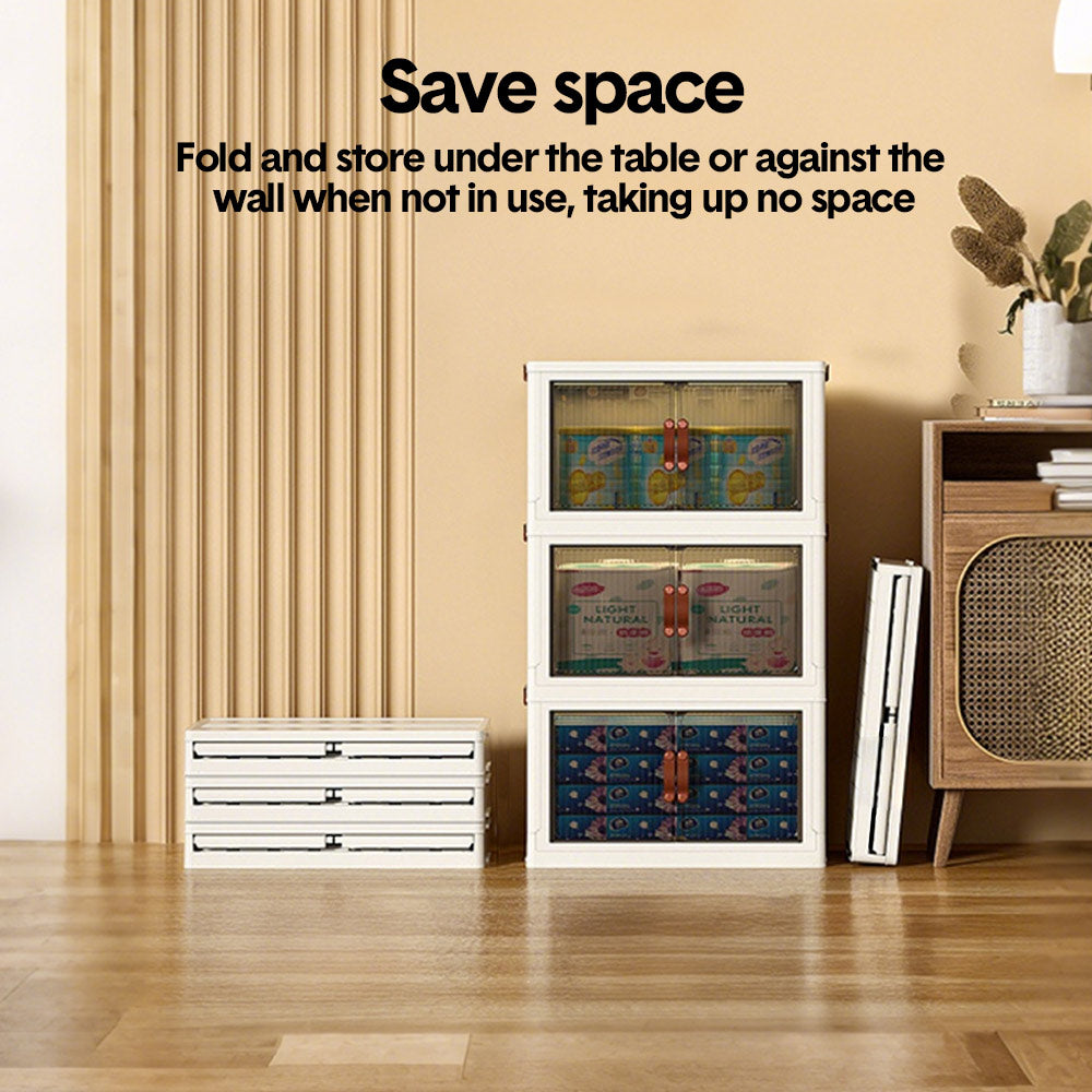Foldable Storage Cabinet Stackable Bins Household Plastic Closet Multi-purpose Organizer Doors and Top Lid 2 Way Opening with 360 Degree Rotatable Wheels
