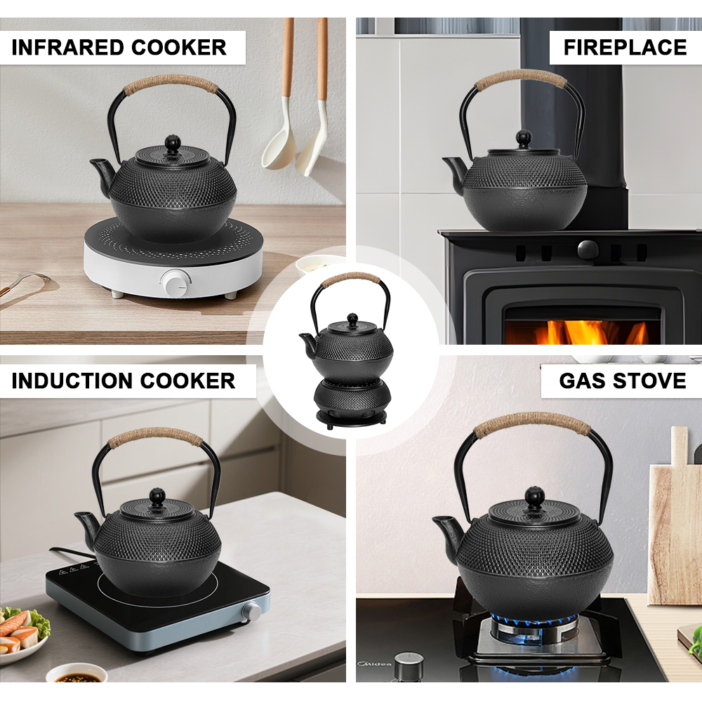1.2L Cast Iron Teapot and Warmer Set Tea Kettle Iron Bottle With Stainless Steel Mesh Infuser and Anti-Scald Handle Compatible with Multi-Heat Source Black
