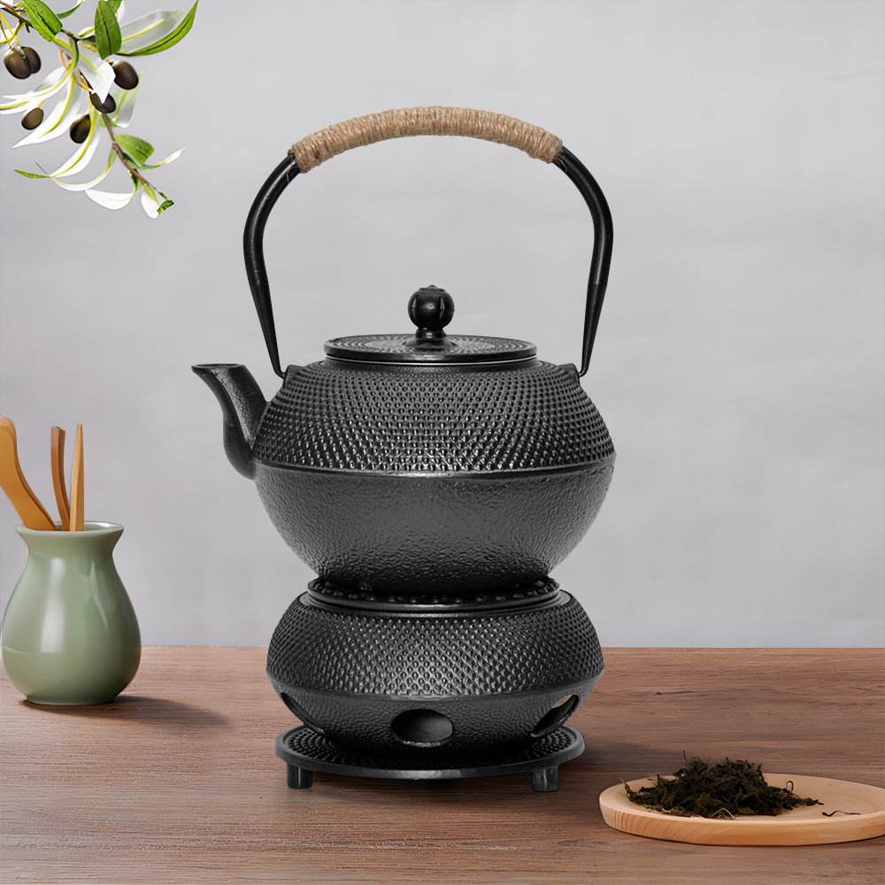 1.2L Cast Iron Teapot and Warmer Set Tea Kettle Iron Bottle With Stainless Steel Mesh Infuser and Anti-Scald Handle Compatible with Multi-Heat Source Black