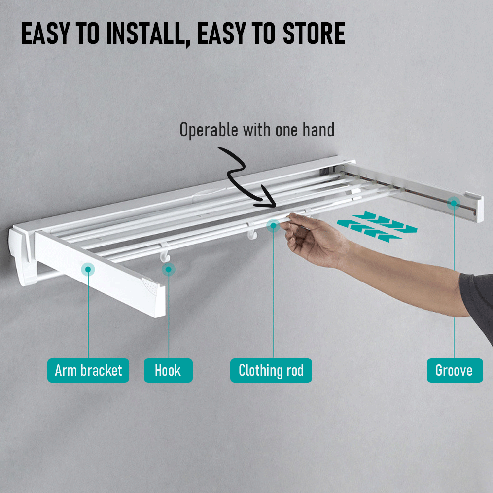 Alston Wall Mounted Drying Rack Black Clothes Airer Space Saver Folding Dryer Bearing Capacity 12KG Foldable Rail With Hooks Indoor Outdoor Balcony Laundry