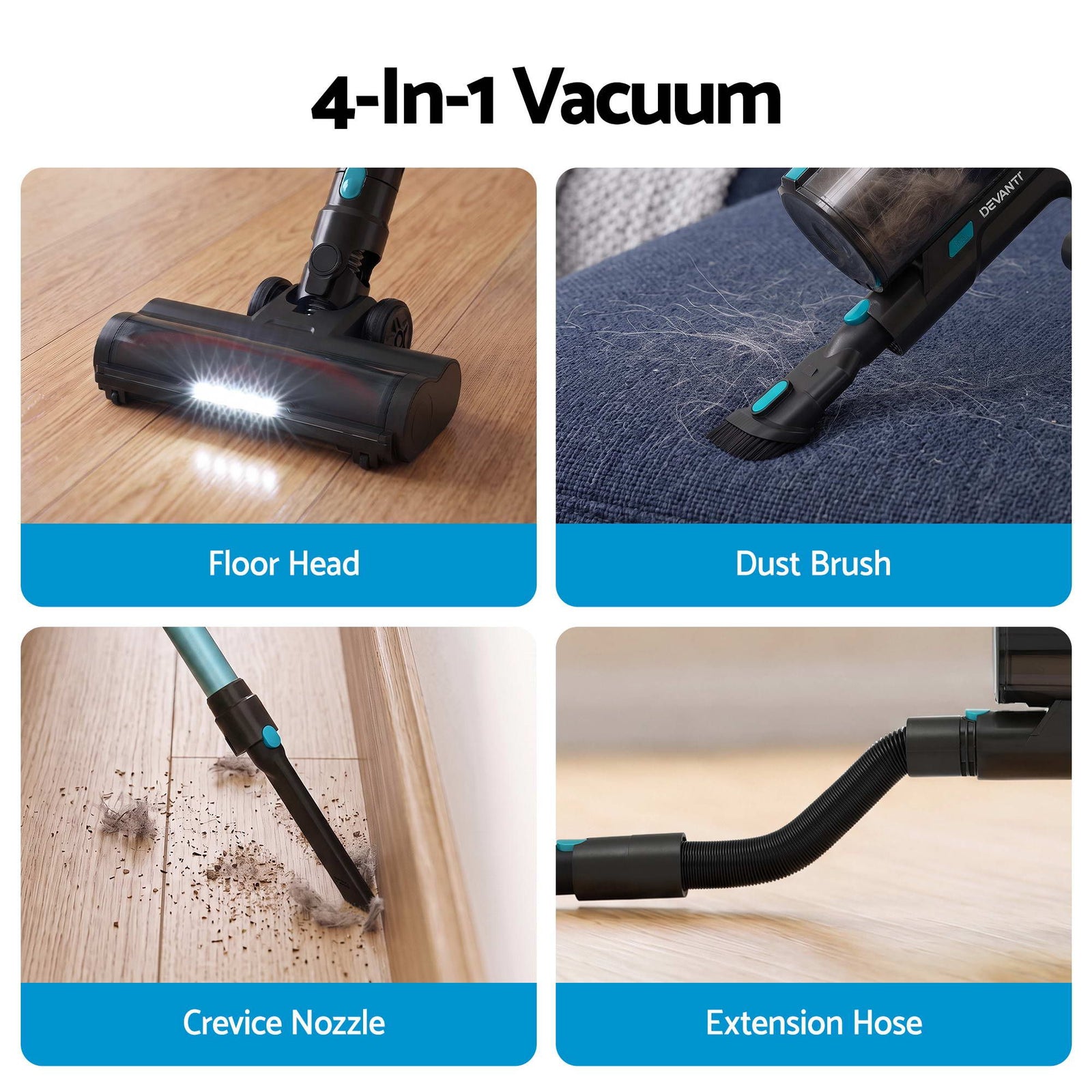 DEVANTI 30000Pa Cordless Stick Vacuum Cleaner 4-in-1 Handheld Vac, Green