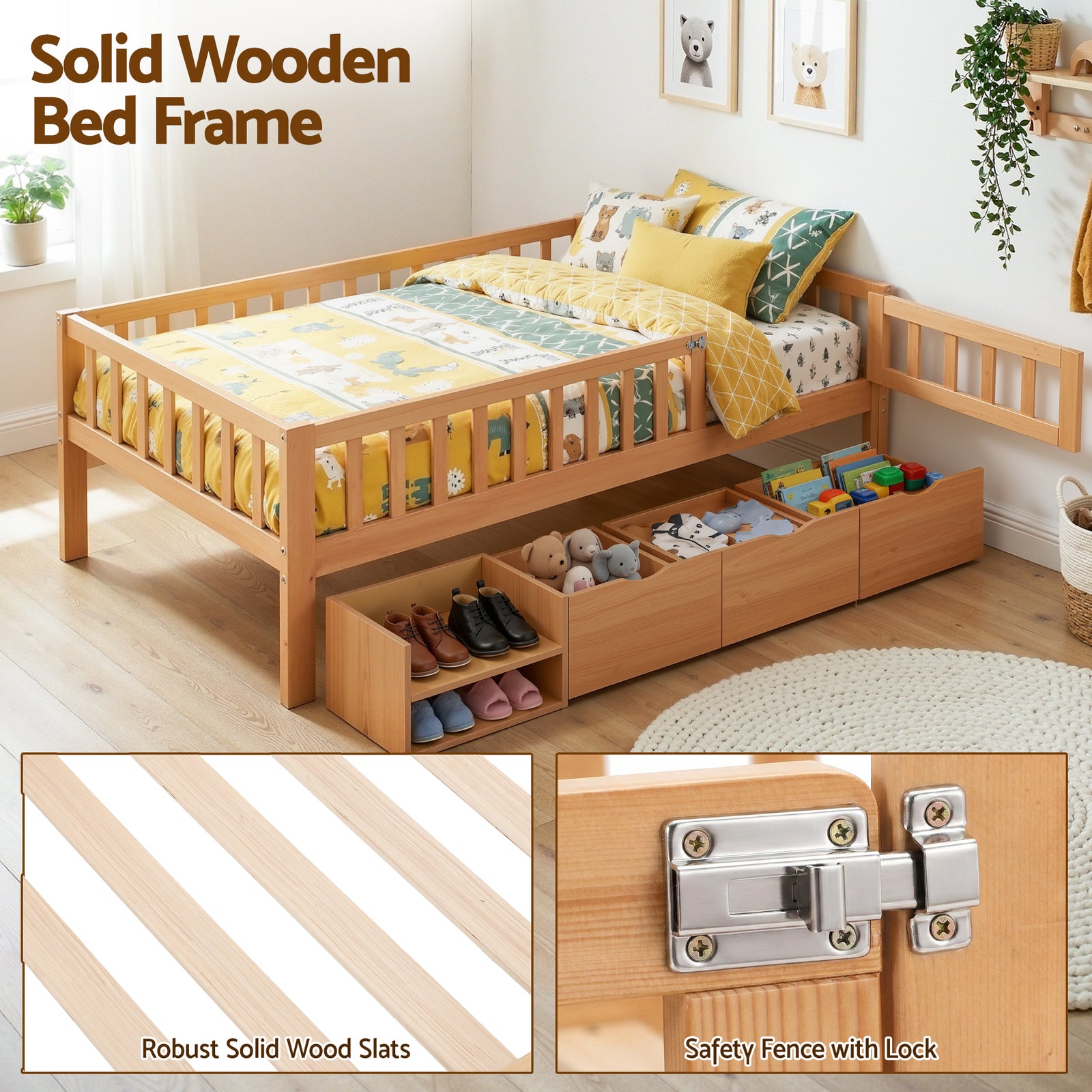 Artiss Kids Single Bed Frame with 3 Storage Drawer Montessori Bed for Toddler Natural