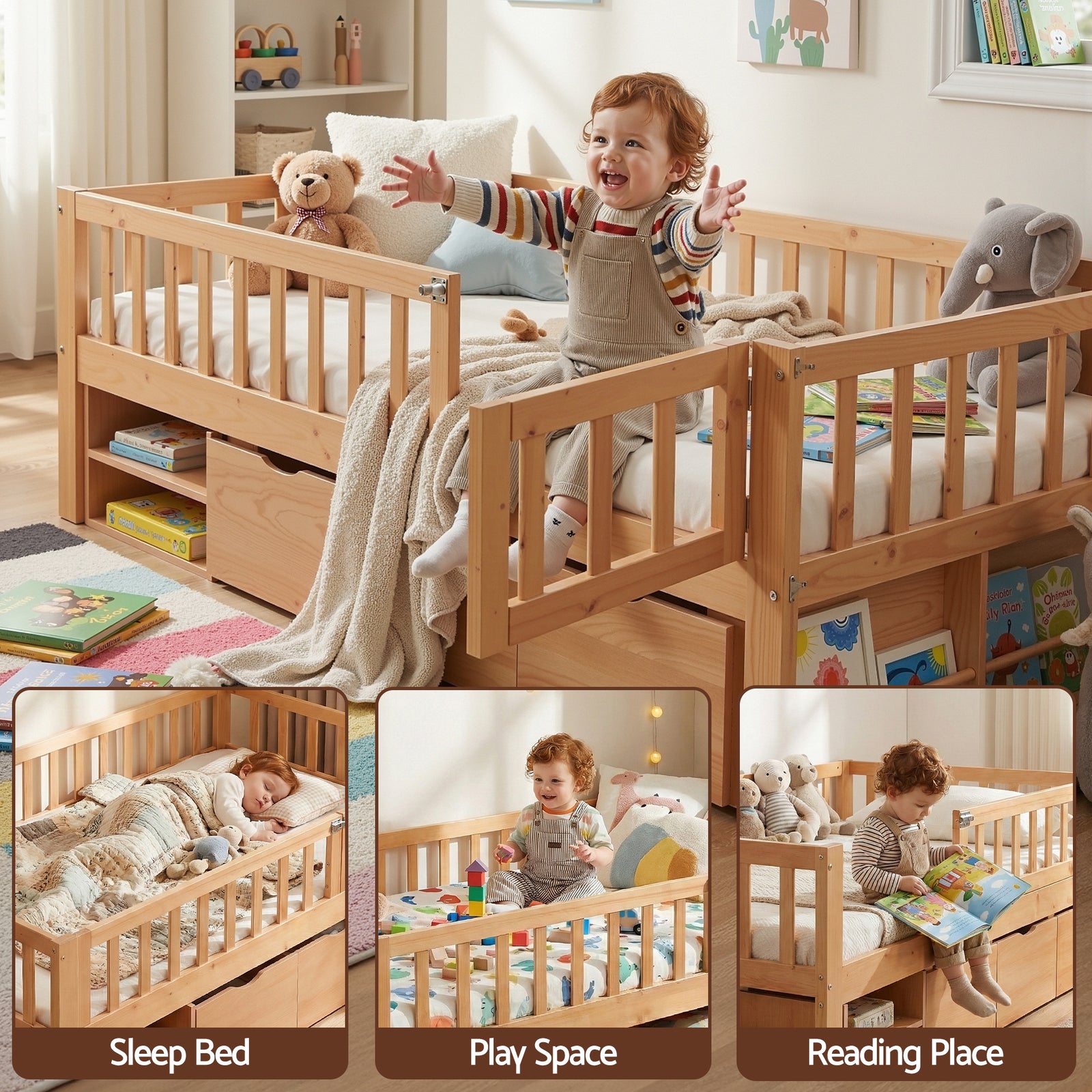 Artiss Kids Single Bed Frame with 3 Storage Drawer Montessori Bed for Toddler Natural