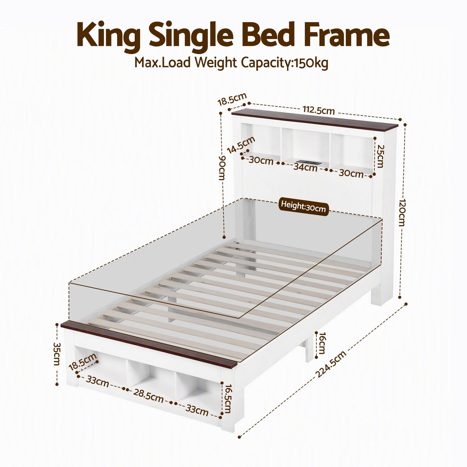 Artiss King Single Bed Frame with Storage Bookcase Headboard and Footboard, White