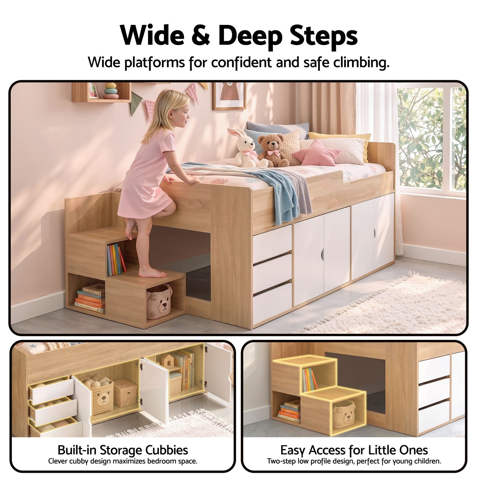 Artiss King Single Bed Frame with Storage, 3 Drawers and Two-Step Access, 2 Cabinets