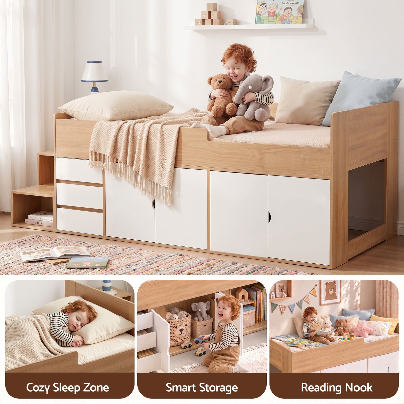 Artiss King Single Bed Frame with Storage, 3 Drawers and Two-Step Access, 2 Cabinets