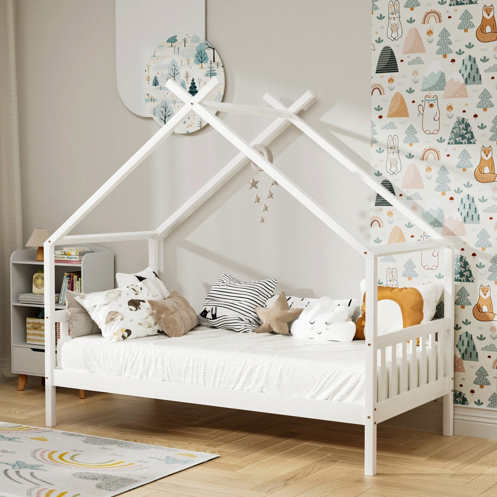 Artiss Bed Frame Wooden Base Kids Single Timber House Beds White