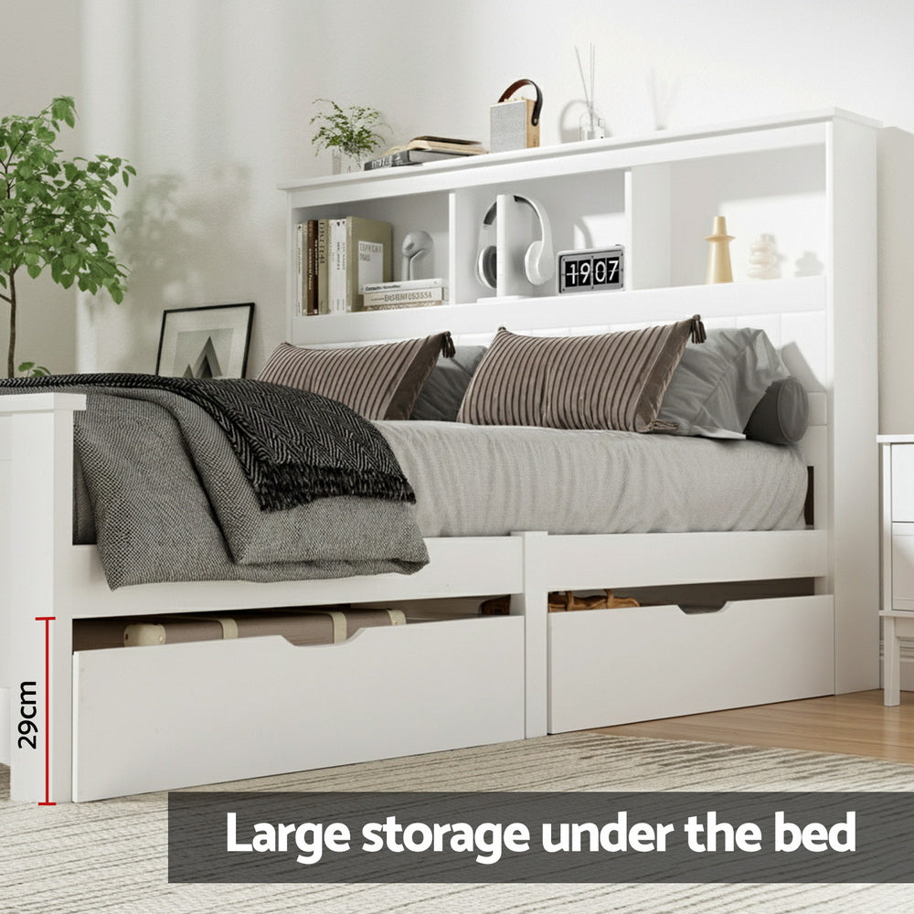 Artiss Bed Frame Double Size Wooden with 3 Shelves Bed Head White