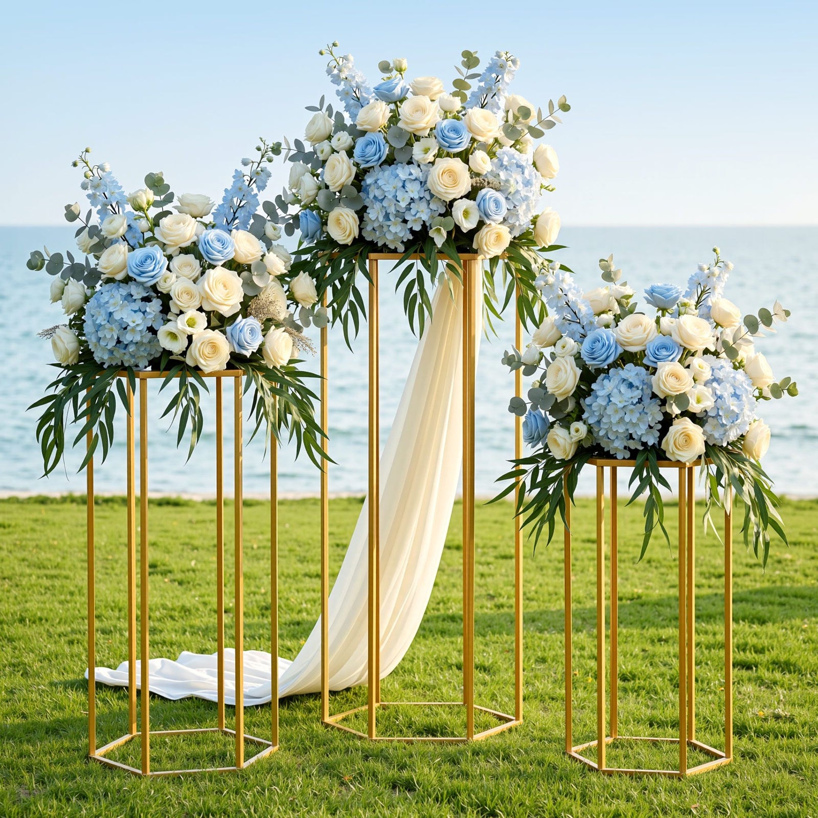 3Pcs Wedding Backdrop Pedestal Stand Gold Metal Hexagon Wedding Frame Plinth Pillars Table