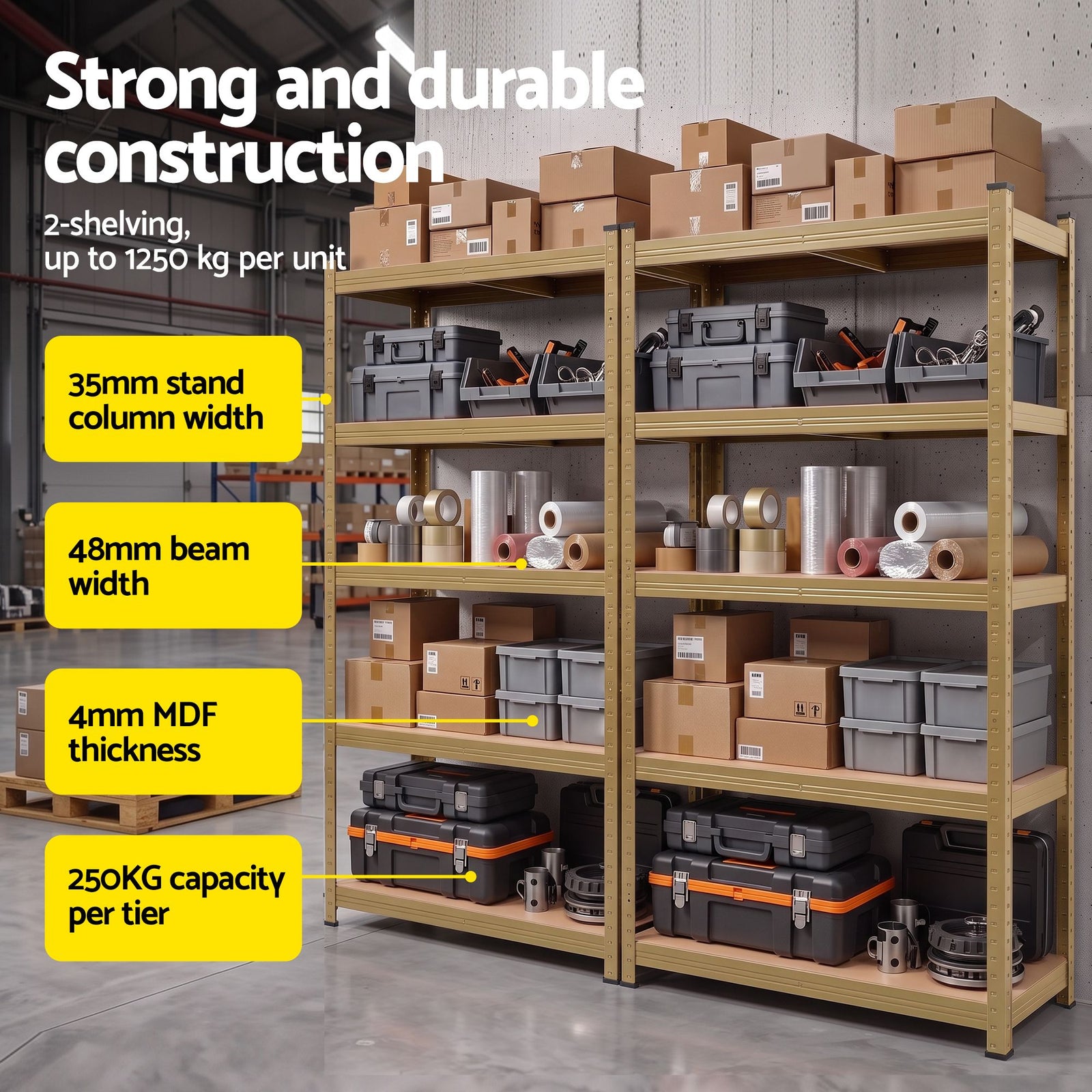 Giantz 2-Rack Garage Shelving 1.6X0.8m MDF Warehouse Shelves Storage Rack Yellow