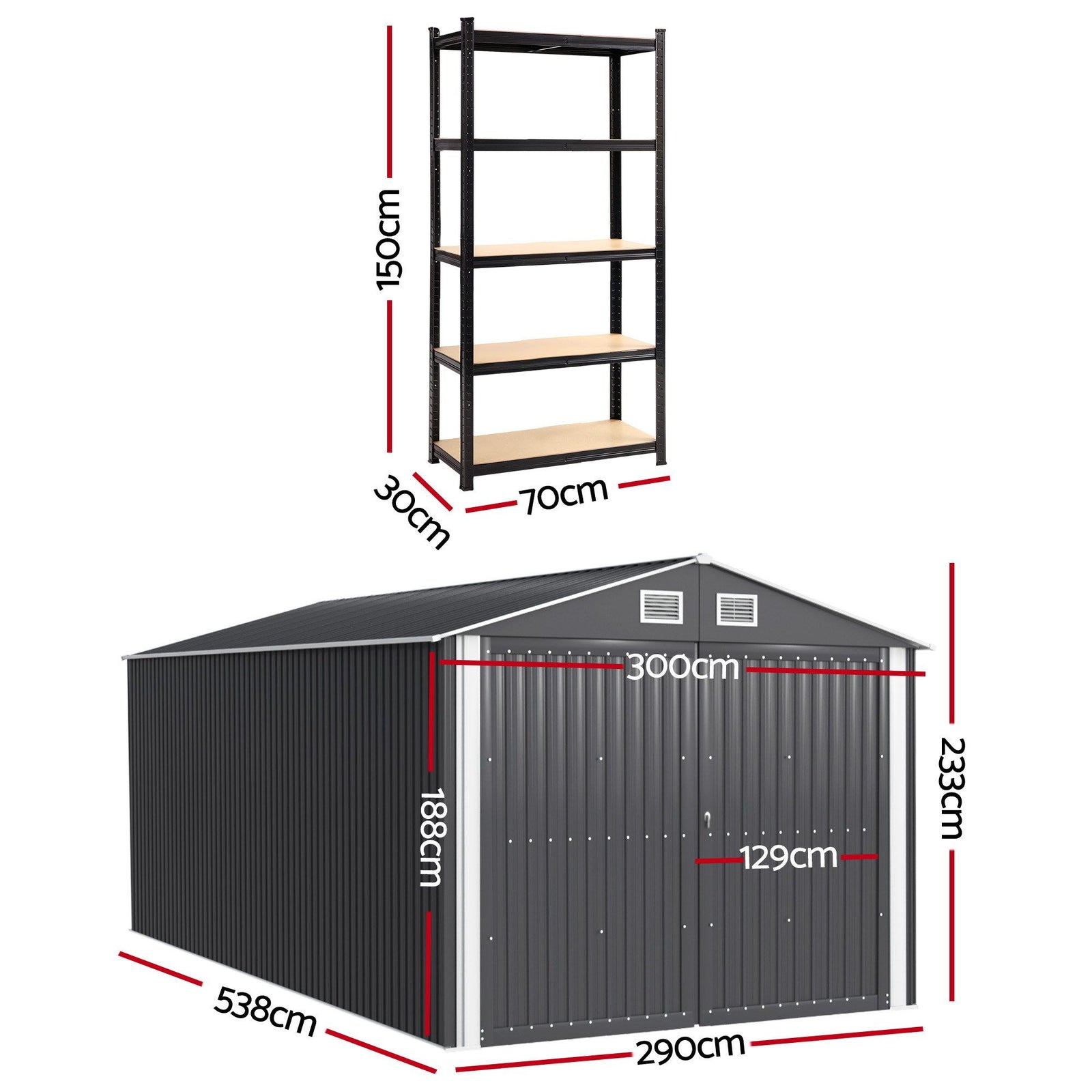 Giantz Garden Shed 3x5.38m Outdoor Tool Storage with 5-Tier Garage Shelving Rack