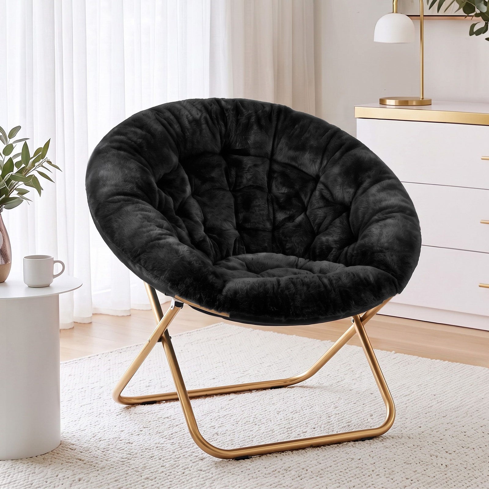 Artiss Cozy Saucer Chair Soft Faux Fur Folding Accent Chair for Bedroom Black
