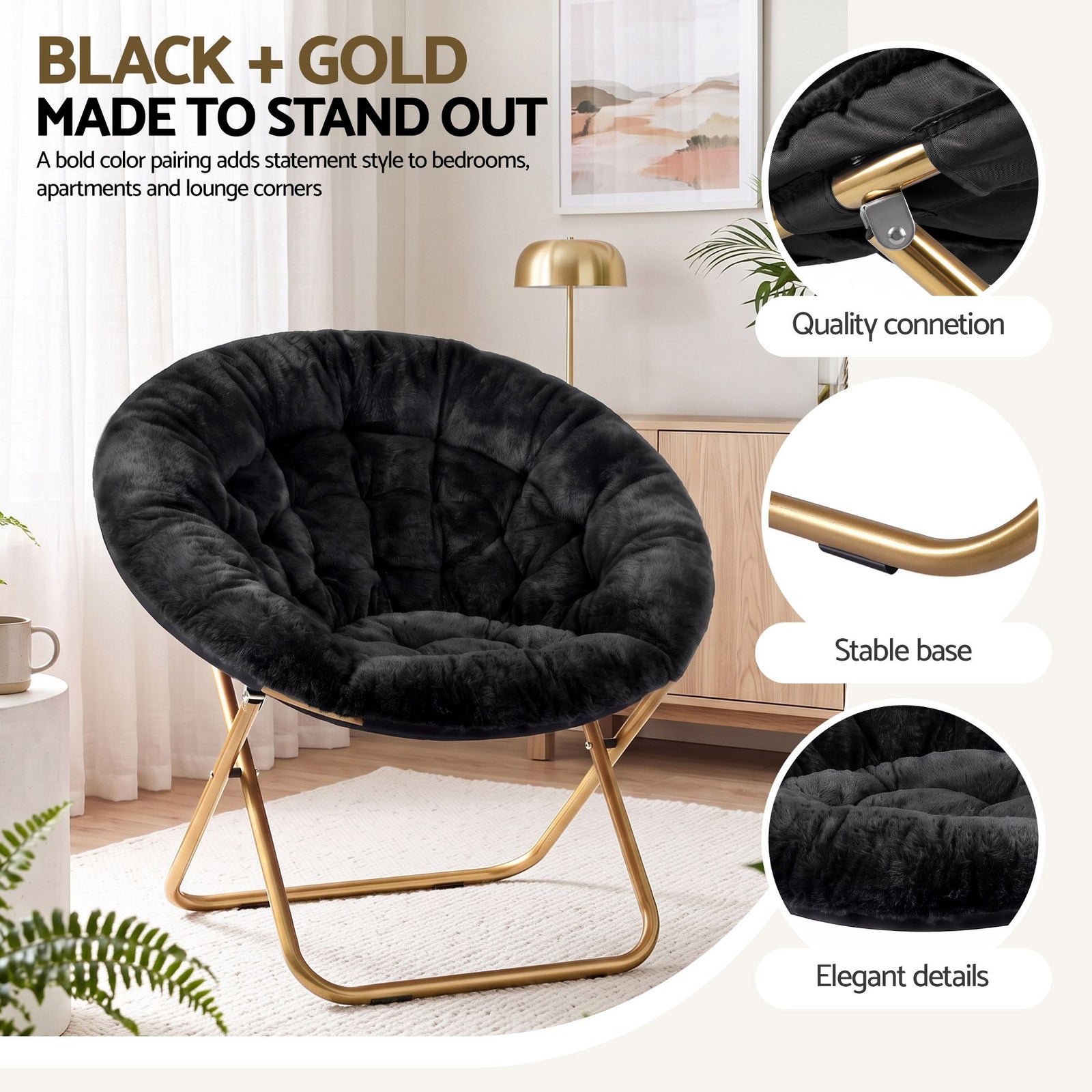 Artiss Cozy Saucer Chair Soft Faux Fur Folding Accent Chair for Bedroom Black