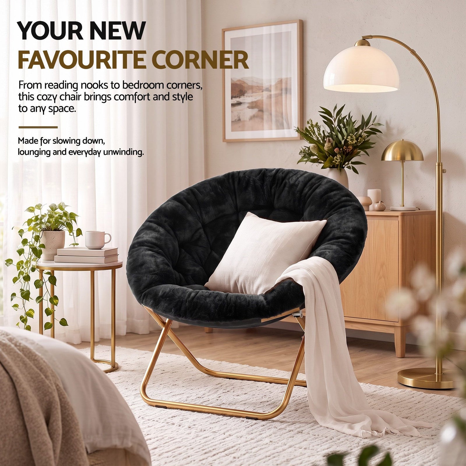 Artiss Cozy Saucer Chair Soft Faux Fur Folding Accent Chair for Bedroom Black