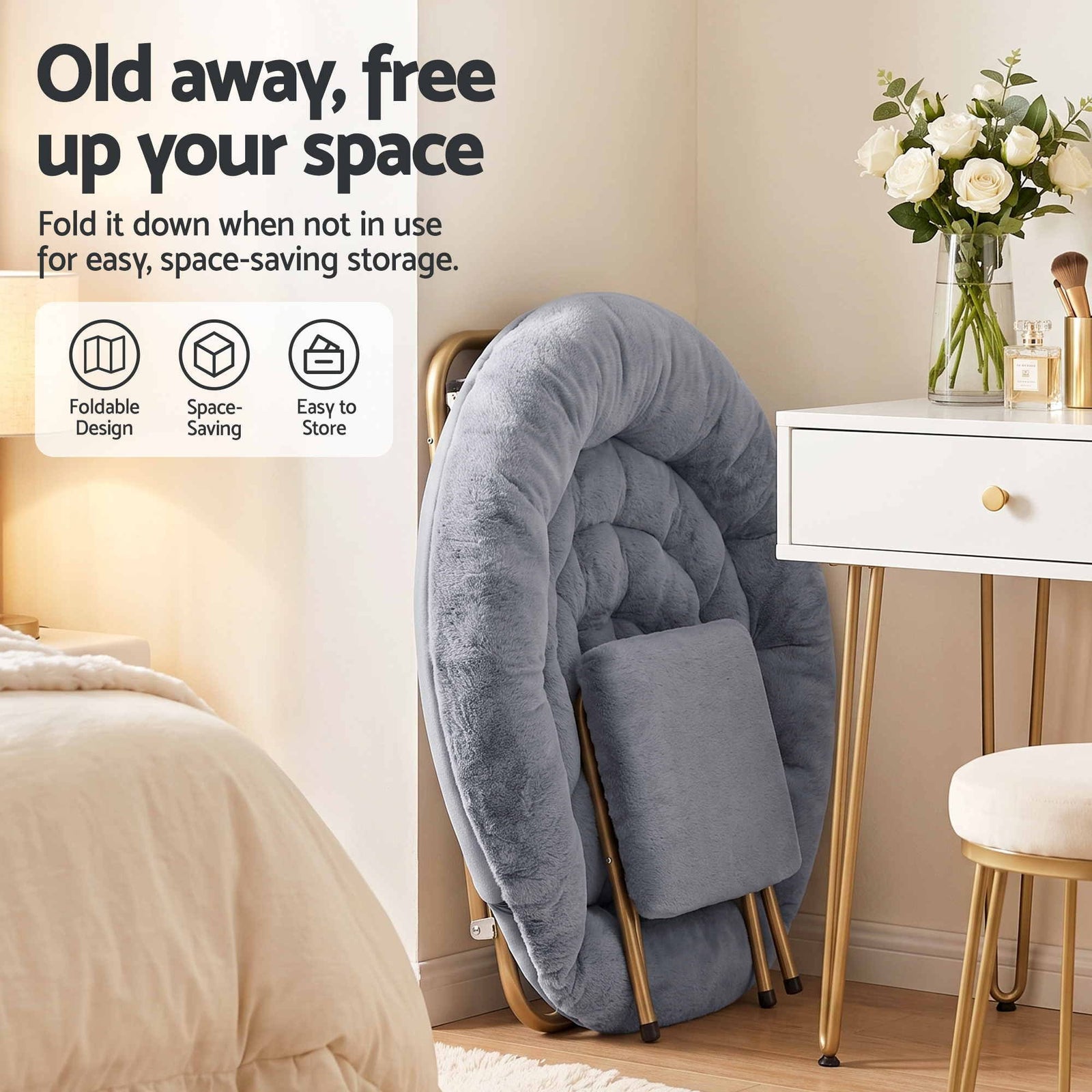Artiss Comfy Saucer Chair Soft Faux Fur Foldable Accent Chair with Ottoman Grey
