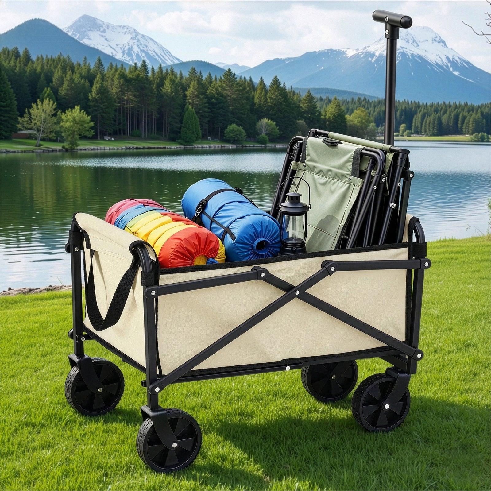 Gardeon Garden Cart Folding Trolley Camping Wagon Barrow Outdoor Beach Beige