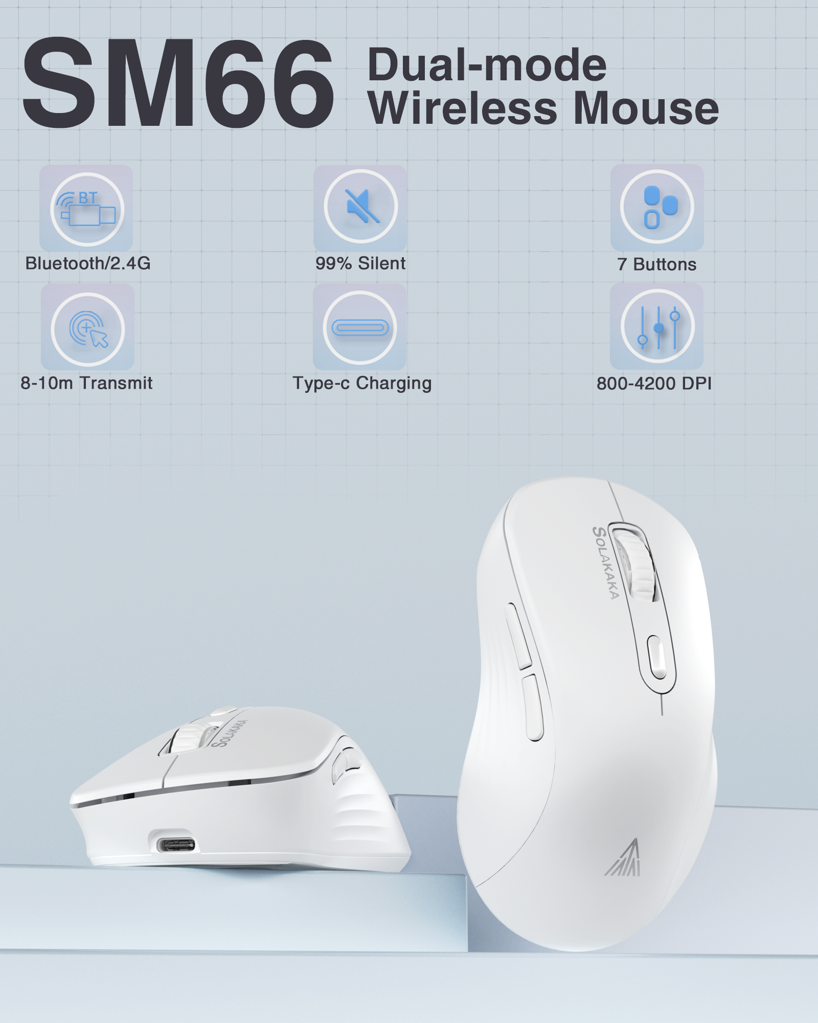SOLAKAKA Silent Wireless Mouse Bluetooth 2.4GHz 4200 DPI 7 Buttons