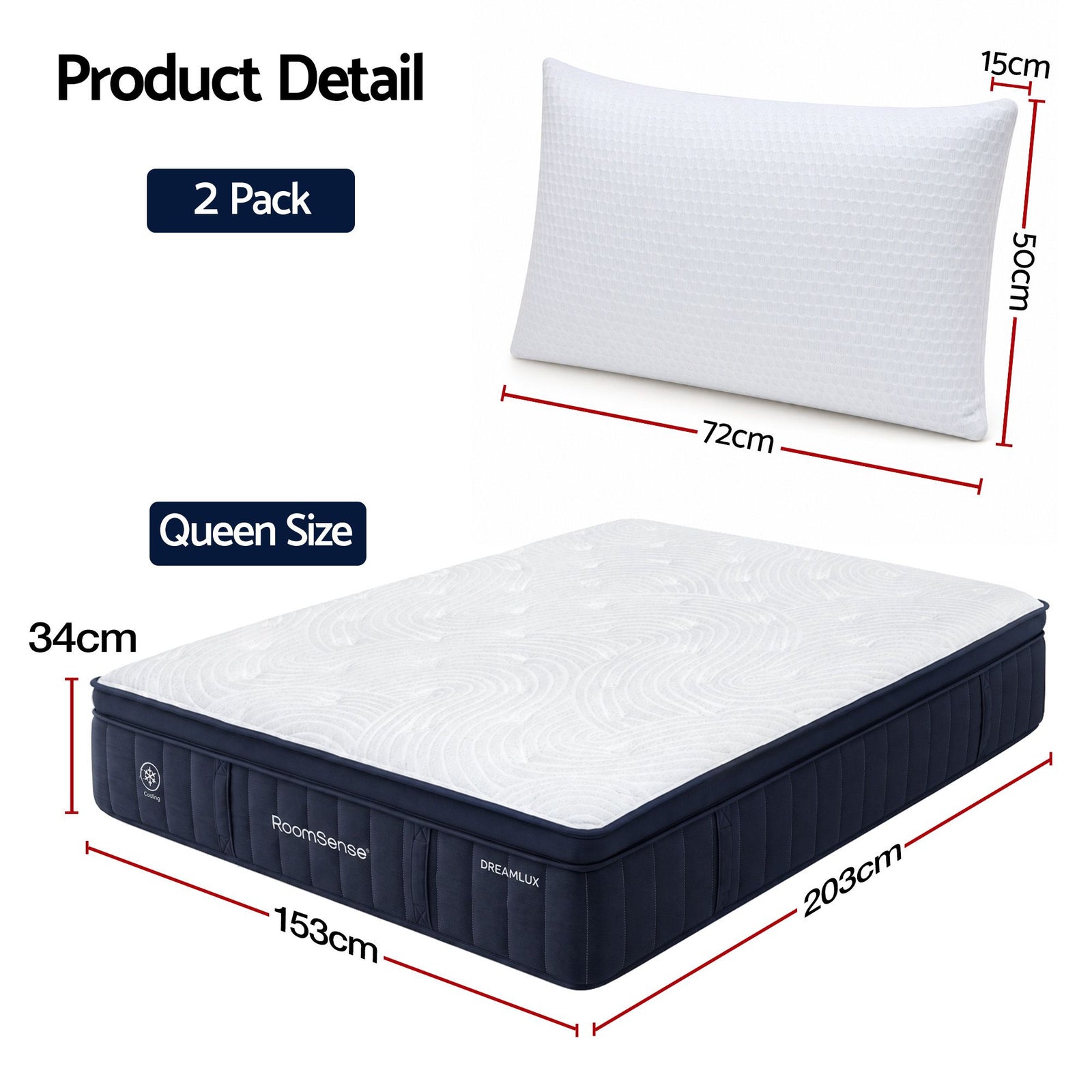 RoomSense Queen 34cm Medium Soft Gel Mattress Bundle with 2 Cooling Pillows