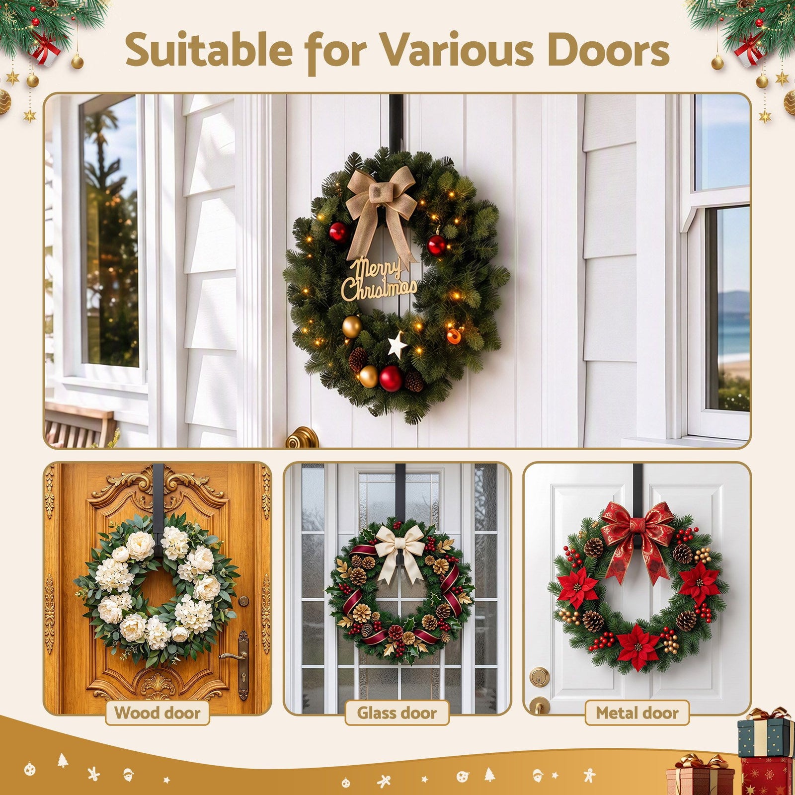 Jingle Jollys Christmas Wreath Hanger Metal Door Hook Height Adjustable