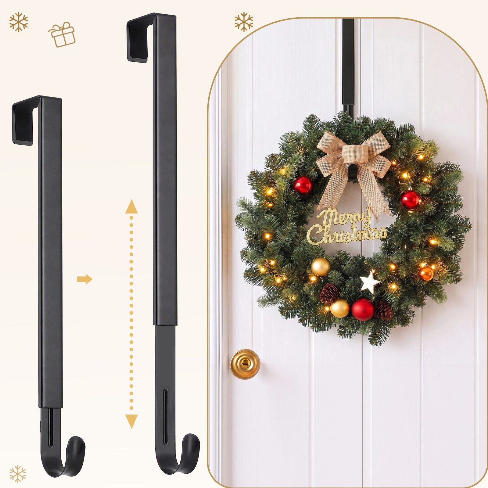 Jingle Jollys Christmas Wreath Hanger Metal Door Hook Height Adjustable