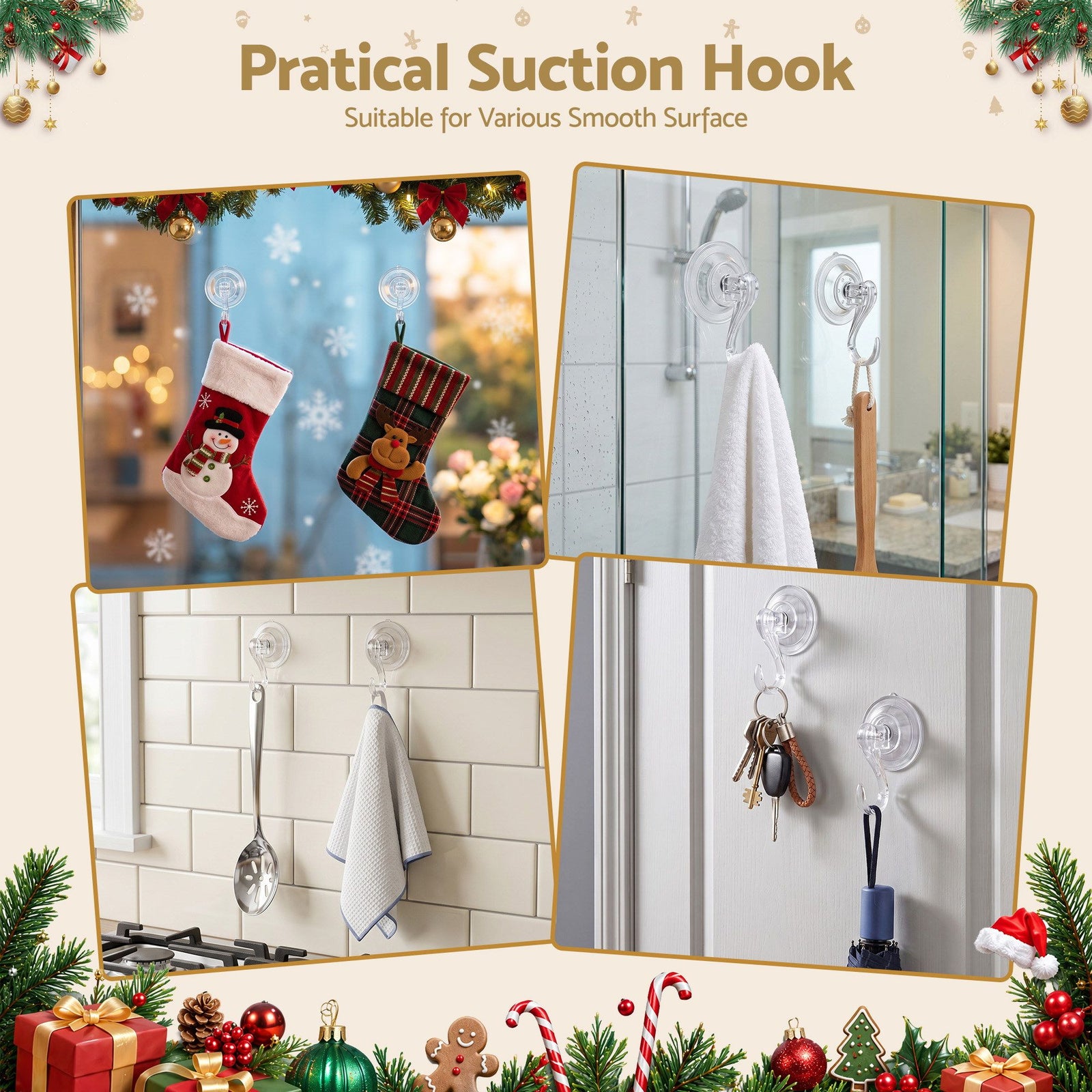 Jingle Jollys 2x Suction Cup Hooks Heavy Duty Christmas Wreath Hanger Window 5kg