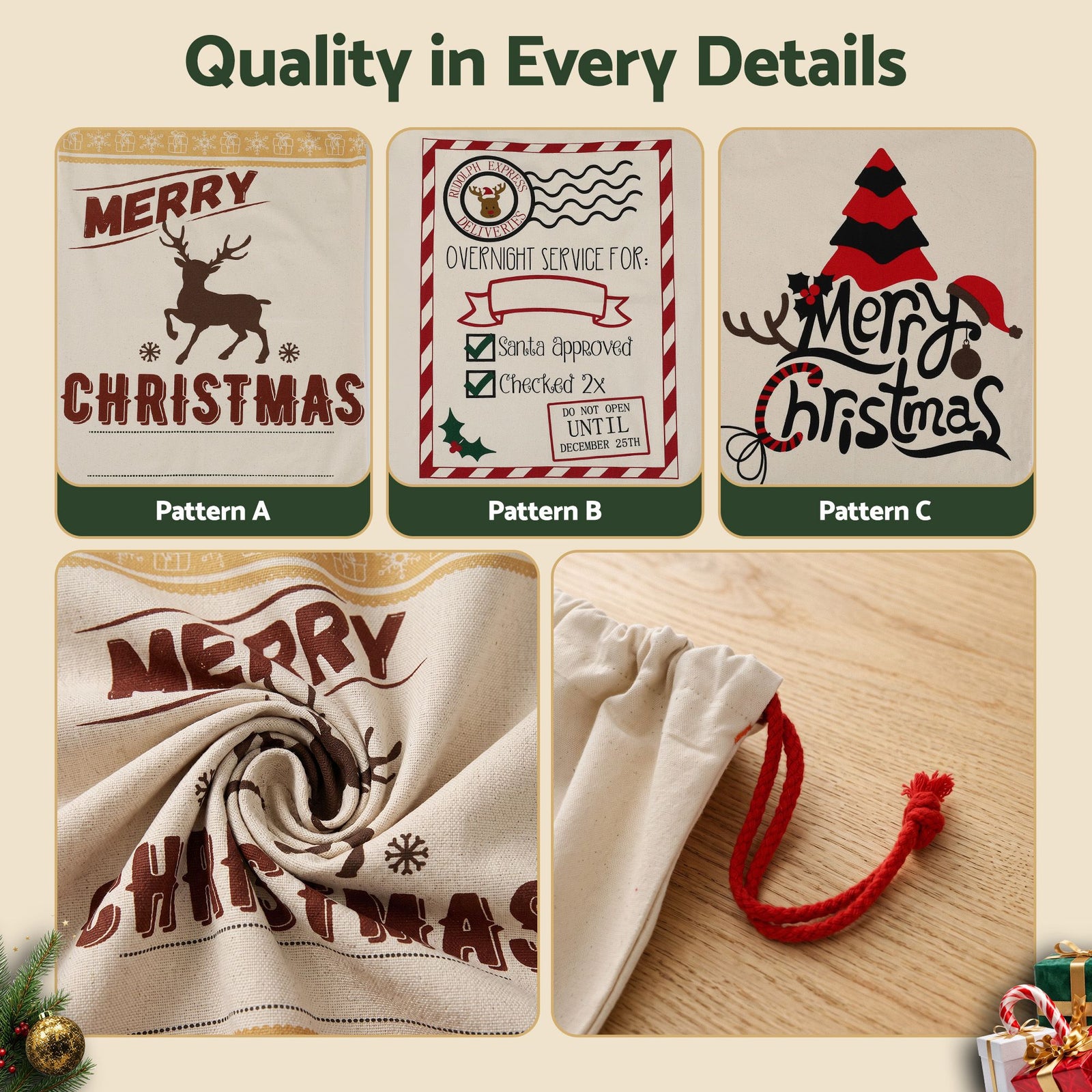 Jingle Jollys 3PCS Christmas Santa Sacks Large Reusable Personalised Canvas Gift Storage Bags