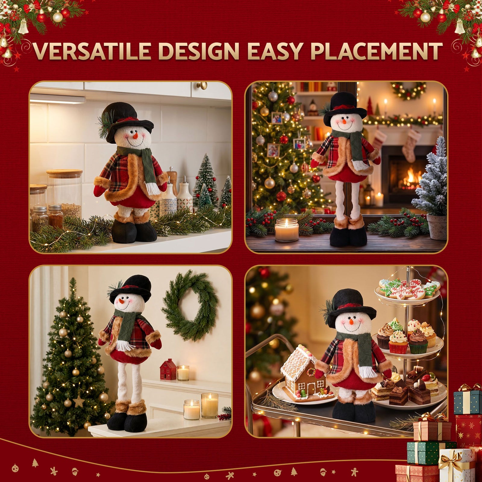 Jingle Jollys Christmas Snowman Ornament 40-56cm Telescopic Tabletop Decoration Doll, Adjustable Length For Tabletop, Window, Mantel, Indoor Holiday Decor