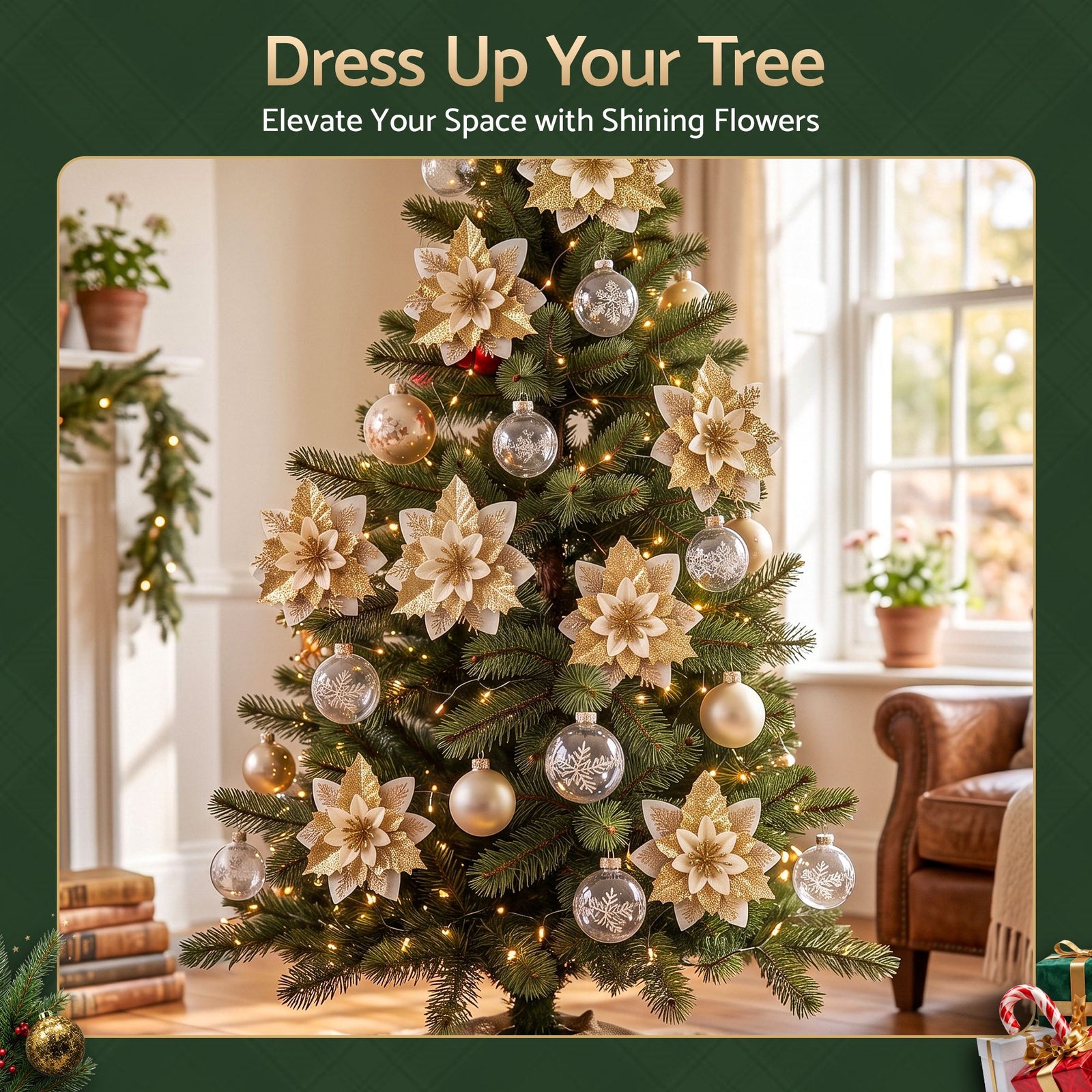 Jingle Jollys 10Pcs Christmas Tree Flower Set Garland Wreath Poinsettia Decorations