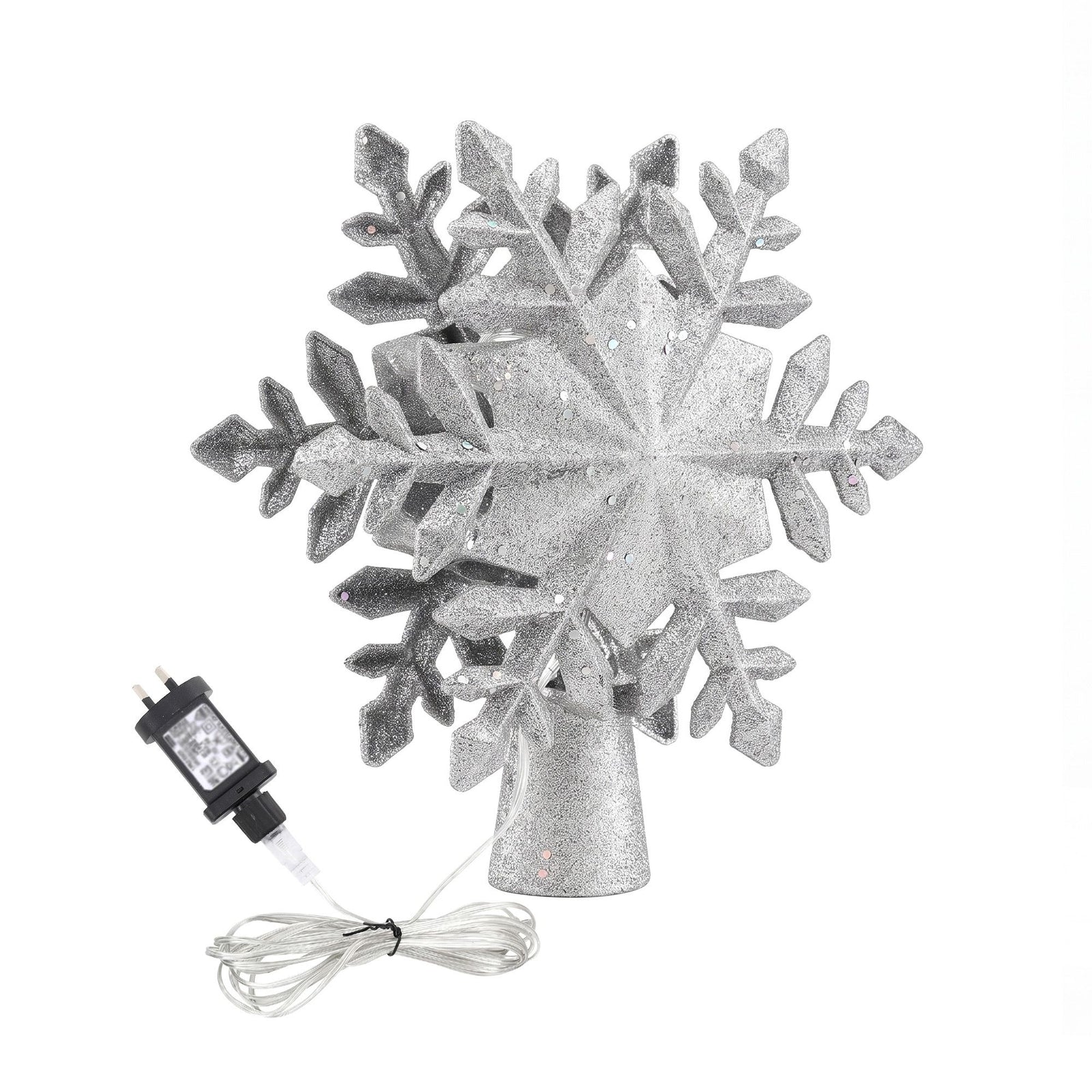 Jingle Jollys Christmas Tree Topper Lighted 360° Rotating Snowflake Projector Silver Glitter