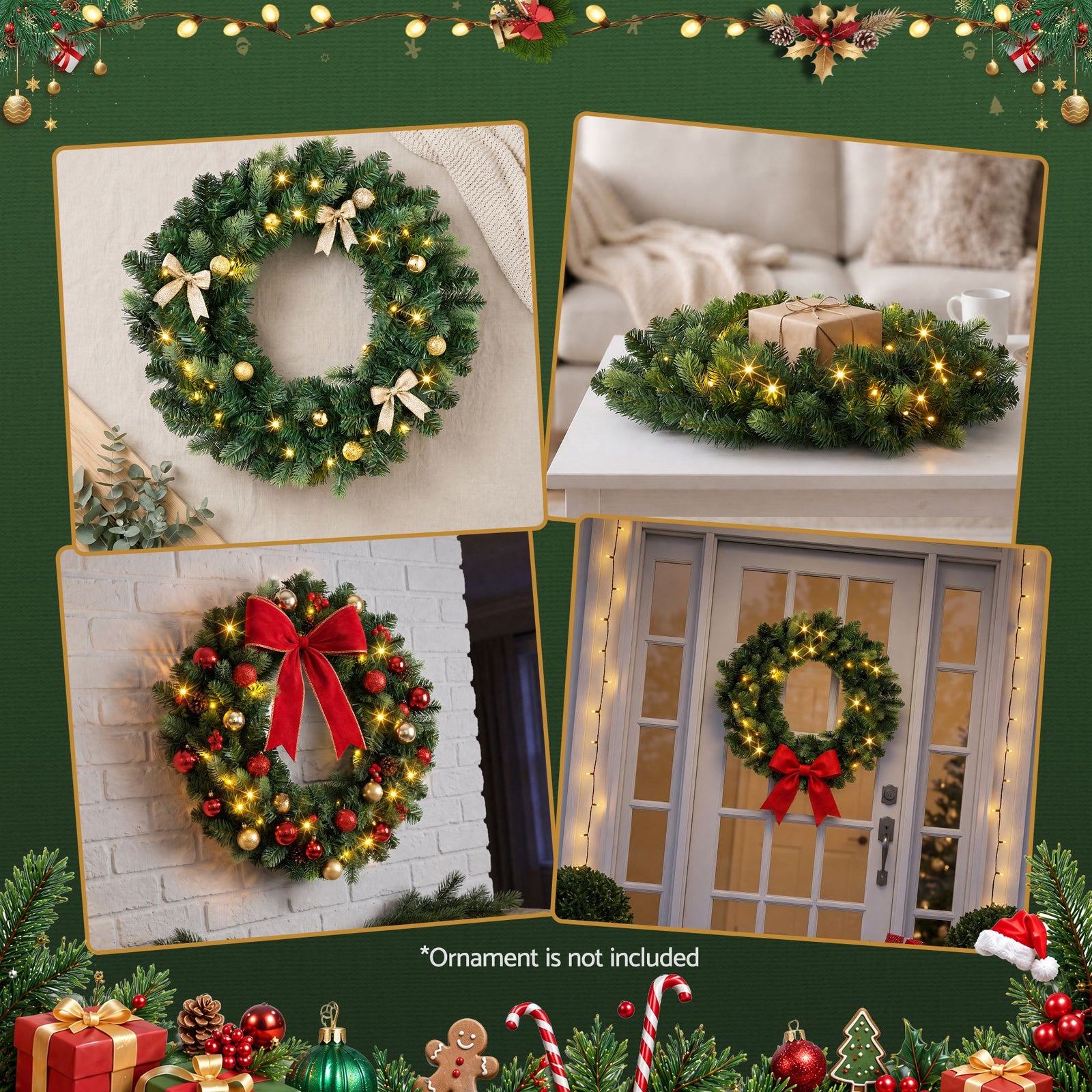 Jingle Jollys 60cm Pre-Lit Christmas Wreath GarlandsWarm White LED Light Door Wreaths Battery Timer