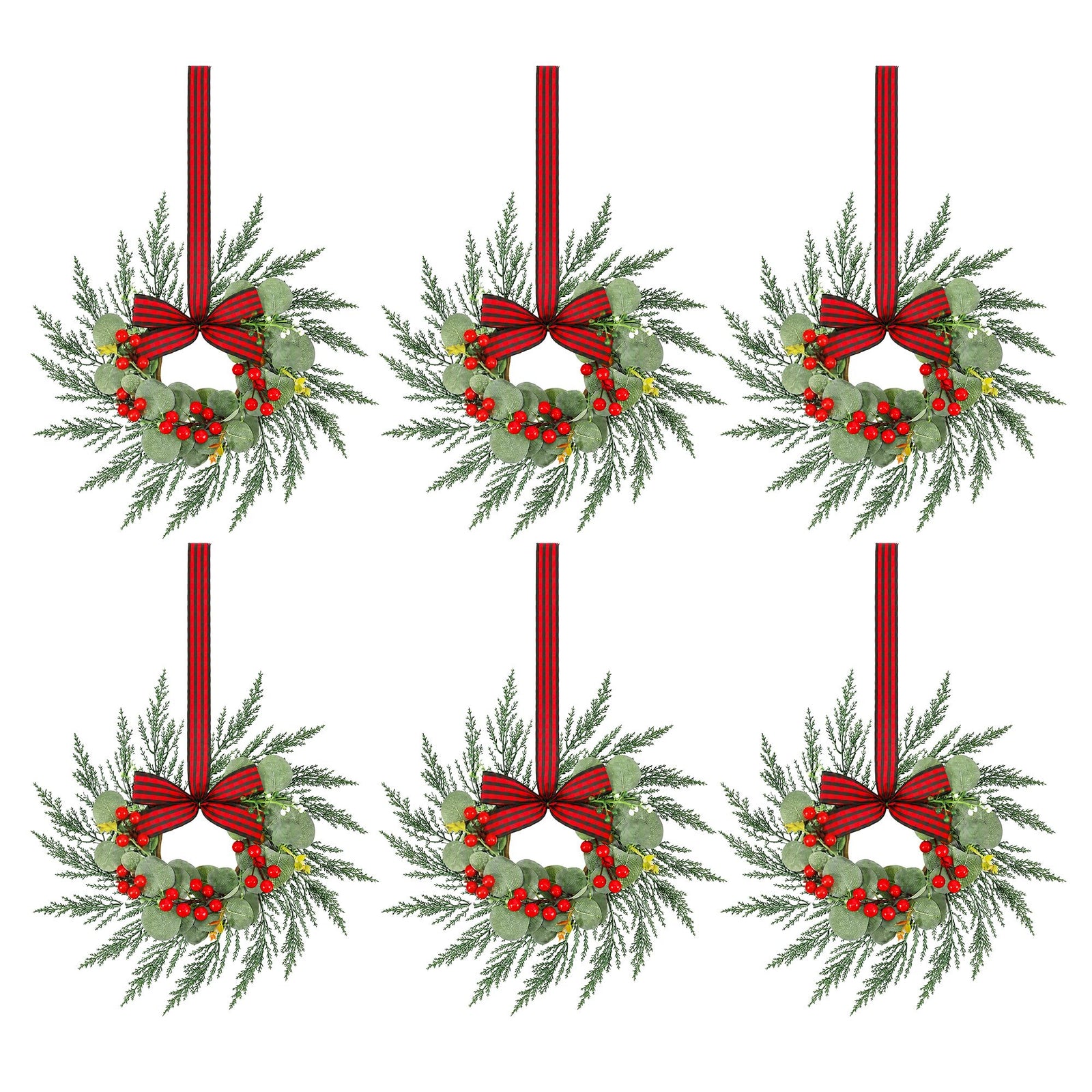 Jingle Jollys 6x Christmas Wreath Garland 26cm Pre-lit Wreaths Red Berries Bow