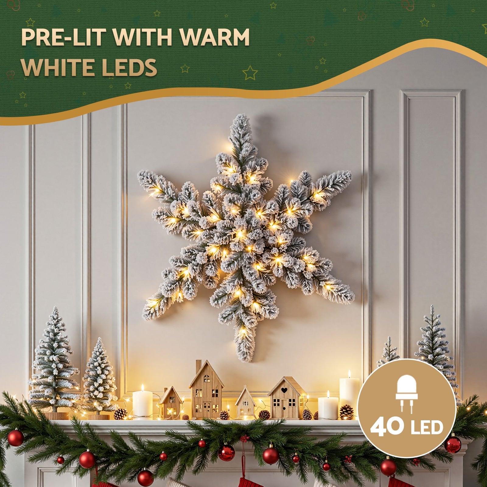 Jingle Jollys 60cm Flocked Snowflake Christmas Wreath Garland Pre-Lit 40 LED Light Decor