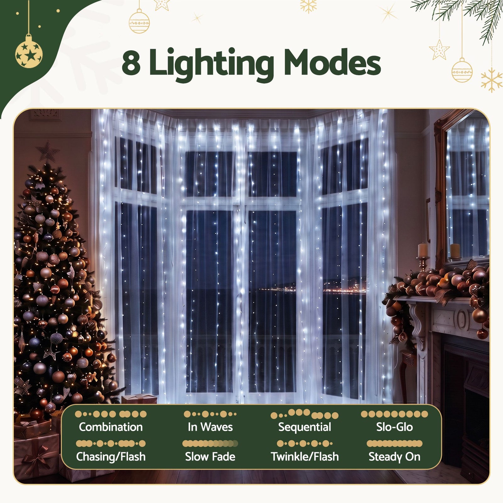 Jingle Jollys 3X3M Christmas Lights Curtain String Light 300 LED Cool White