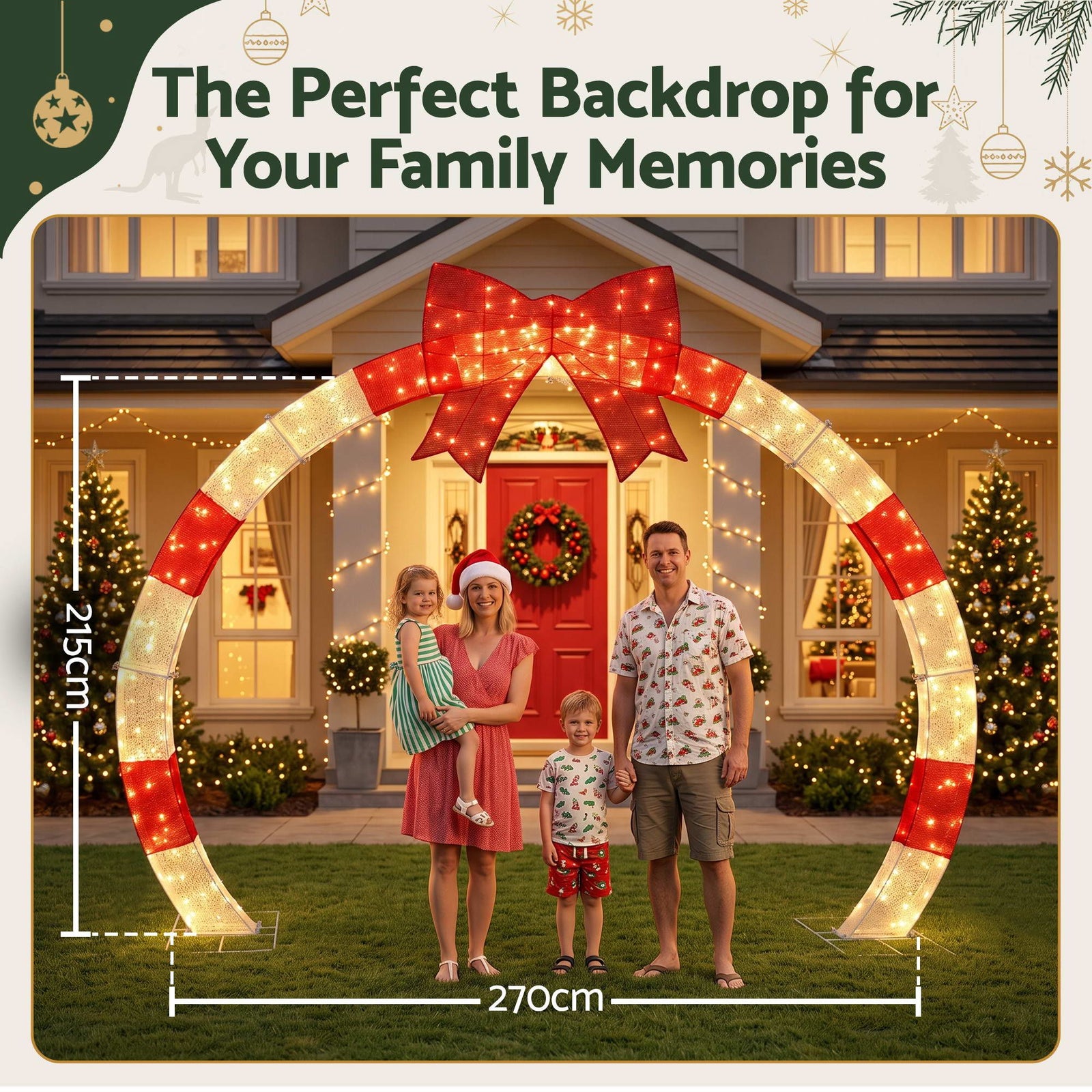 Jingle Jollys 2.5m Christmas Archway Pre-Lit Christmas Arch Warm White LED Outdoor Garden Decoration