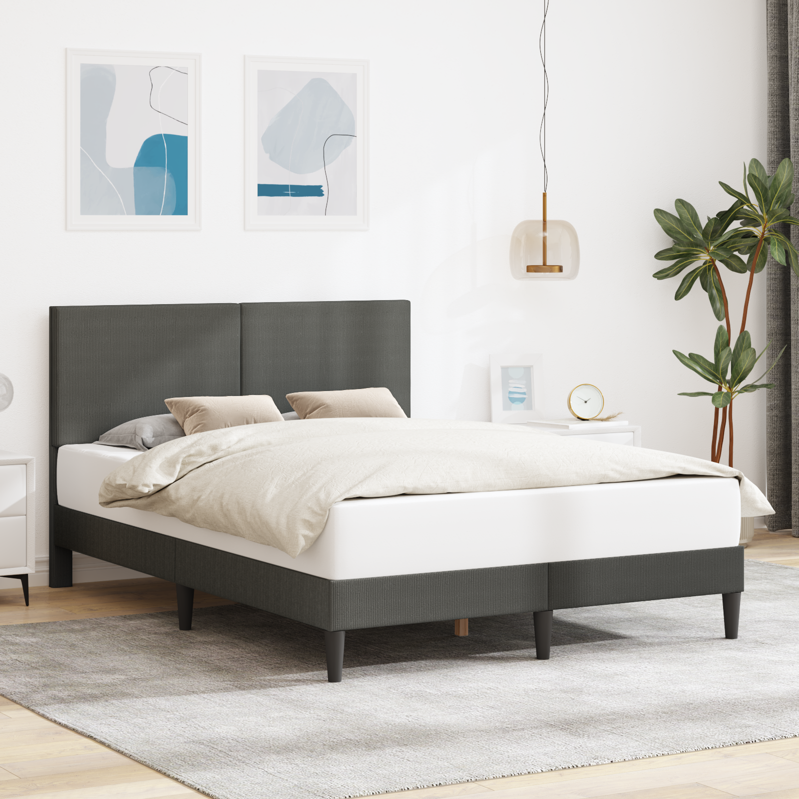 Bed Frame with Headboard Dark Grey 153 x 203 cm Corduroy Fabric