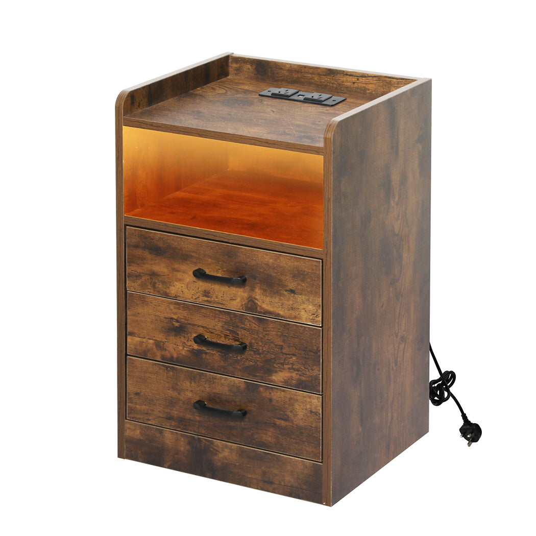 Levede Bedside Table USB Charger Outlet LED Oak-1954802384307884032