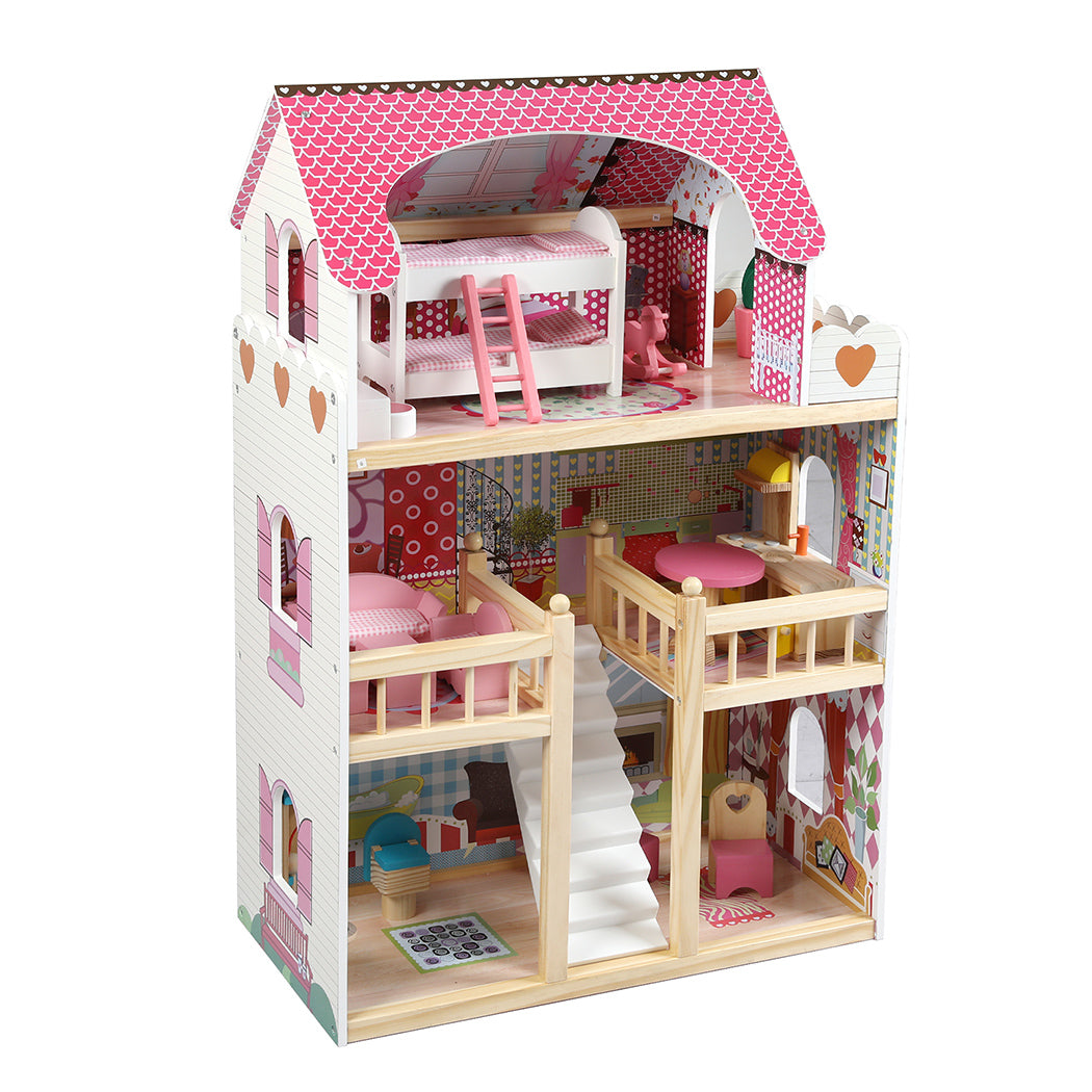 Bopeep Wooden Doll House 3 Floor Kids Girl Dollhouse Full Furniture Pink 90cm-1910113165274910720