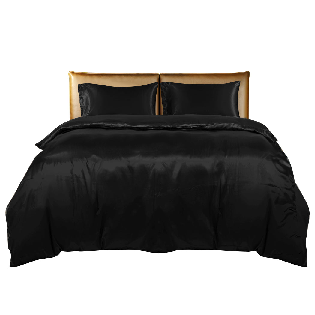 DreamZ Silky Satin Quilt Cover Set Bedspread Black Super King-1910113199211024385
