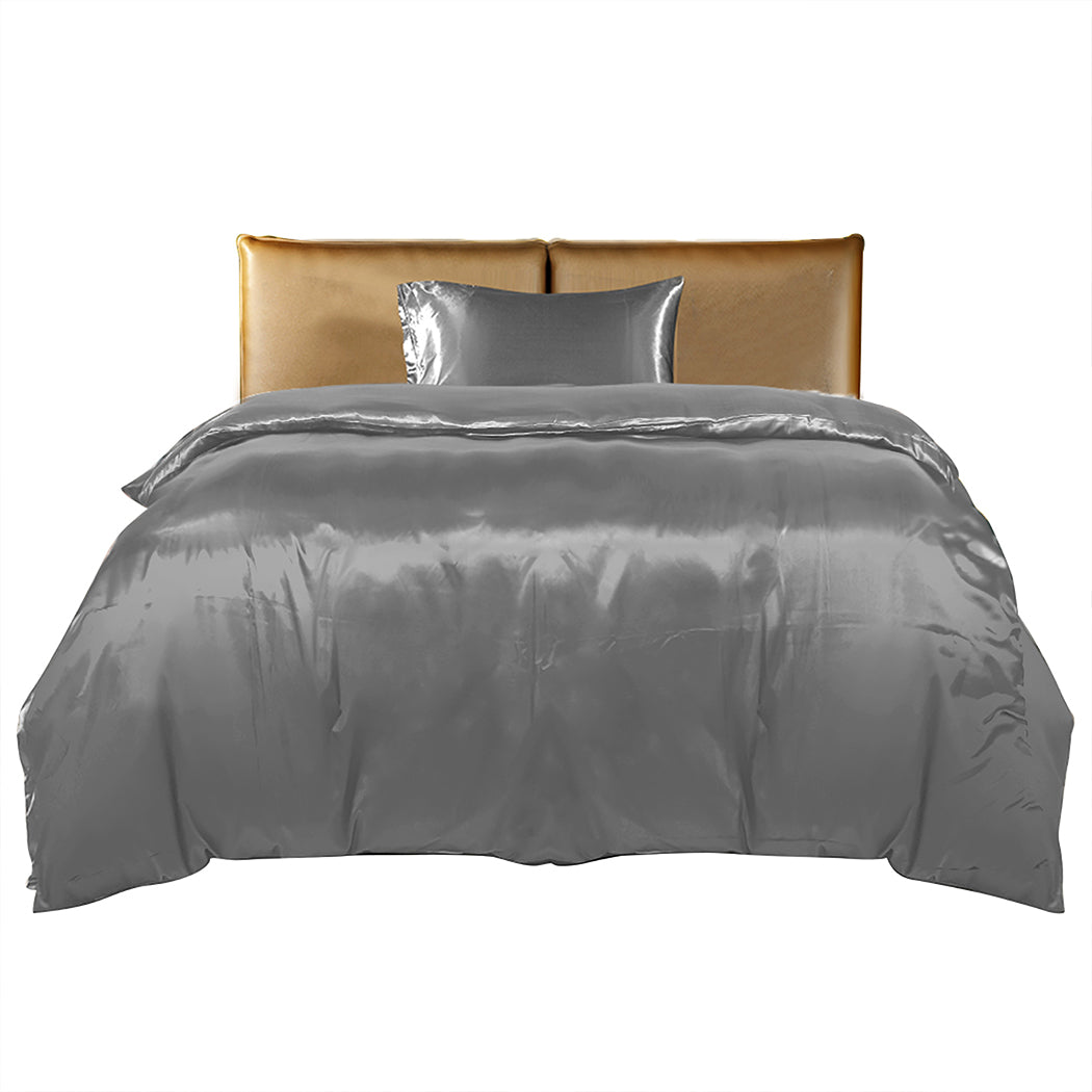 DreamZ Silky Satin Quilt Cover Set Bedspread Dark Grey King Single-1954802916015607809