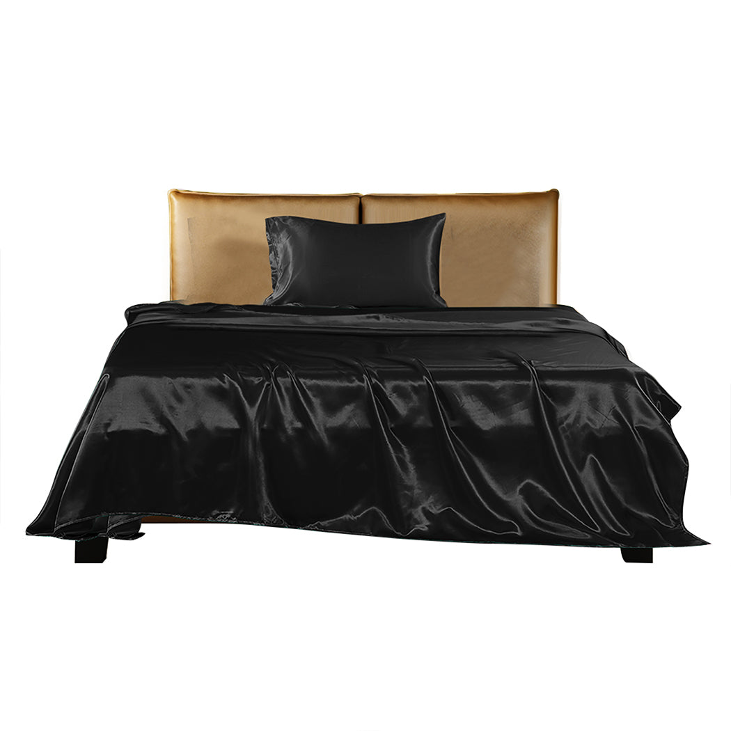 DreamZ Silky Satin Sheets Fitted Flat Single Black-1954802914715373569