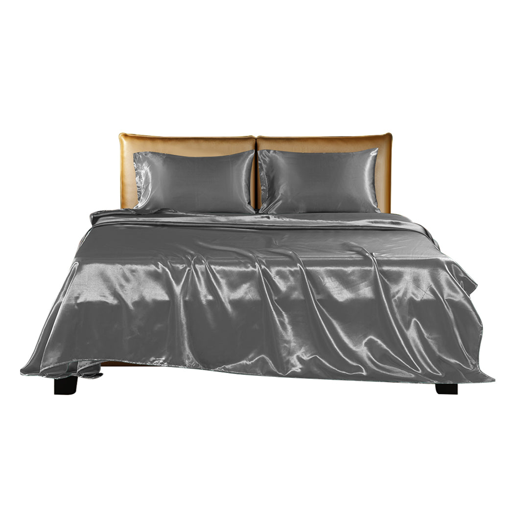 DreamZ Silky Satin Sheets Fitted Flat Queen Grey Dark Grey-1910113196128210945
