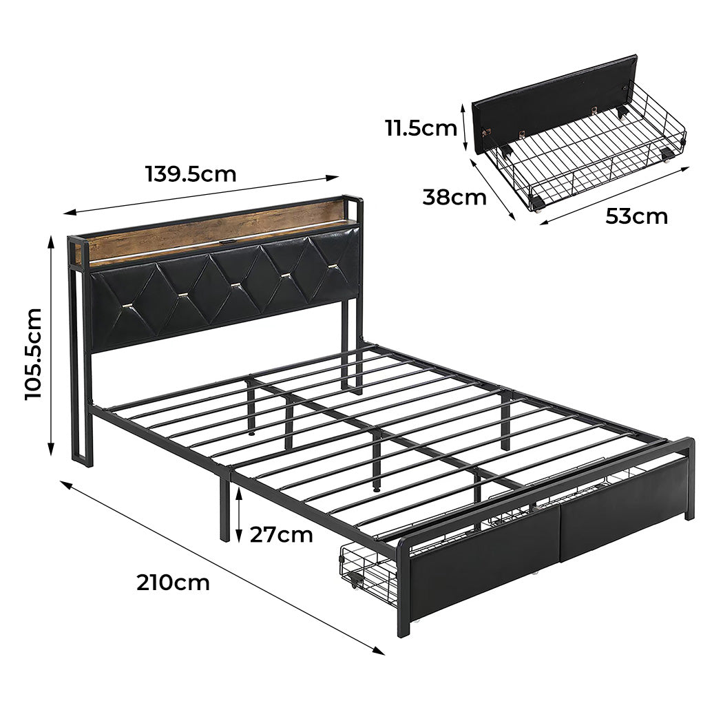 Levede Double Metal Bed Frame LED Lights 2 Drawers-1954802443862806530