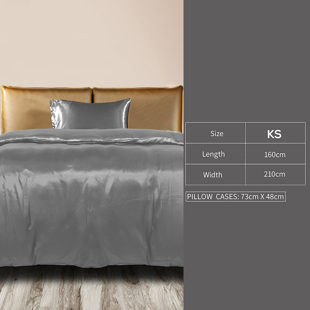 DreamZ Silky Satin Quilt Cover Set Bedspread Dark Grey King Single-1954802916015607810
