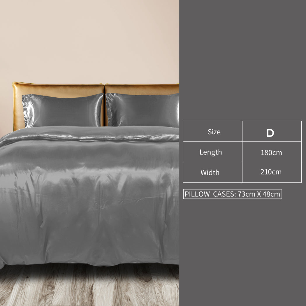 DreamZ Silky Satin Quilt Cover Set Bedspread Dark Grey Double-1910113197155815426