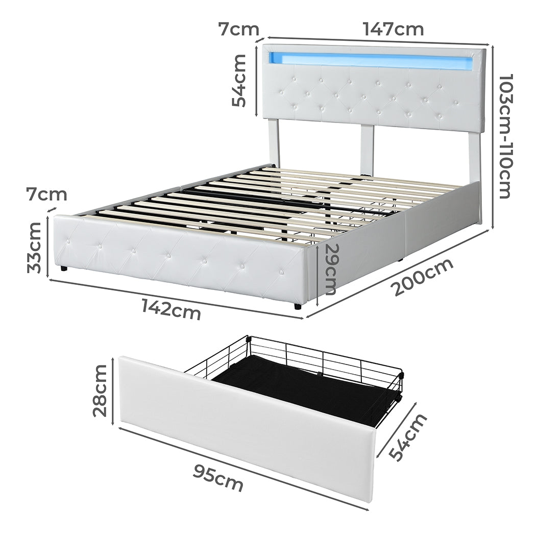 Levede Double Bed Frame RGB LED PU 4 Drawer USB-1954802376502284290