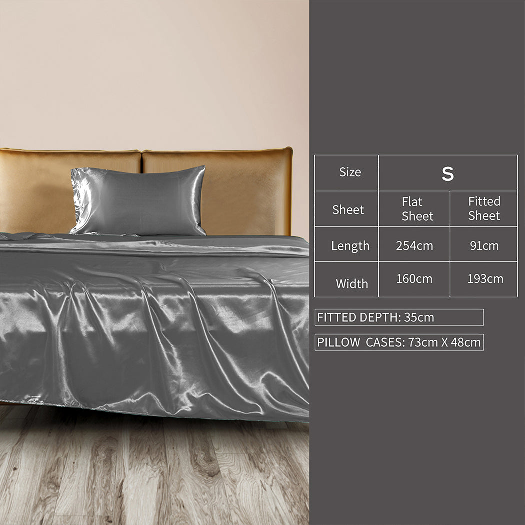 DreamZ Silky Satin Sheets Fitted Flat Single Grey Dark Grey-1954802915172552706