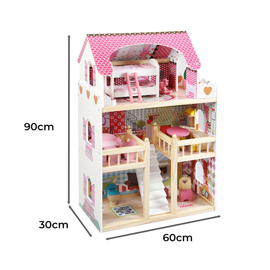 Bopeep Wooden Doll House 3 Floor Kids Girl Dollhouse Full Furniture Pink 90cm-1910113165274910722