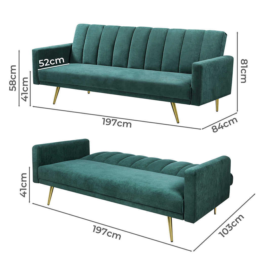 Levede Sofa Bed Convertible Velvet Lounge Recliner Couch Sleeper 3 Seater Green-1954802342541004802